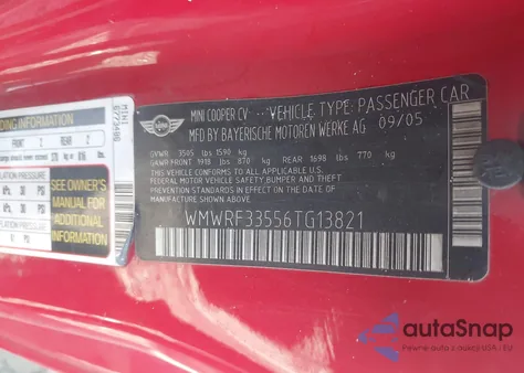 2006 Mini Cooper z USA, uszkodzony, nr VIN WMWRF33556TG13821